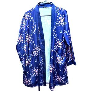 Morgan Lane Blue Floral Robe Kimono Lounge Satin‎ Sleepwear Women's